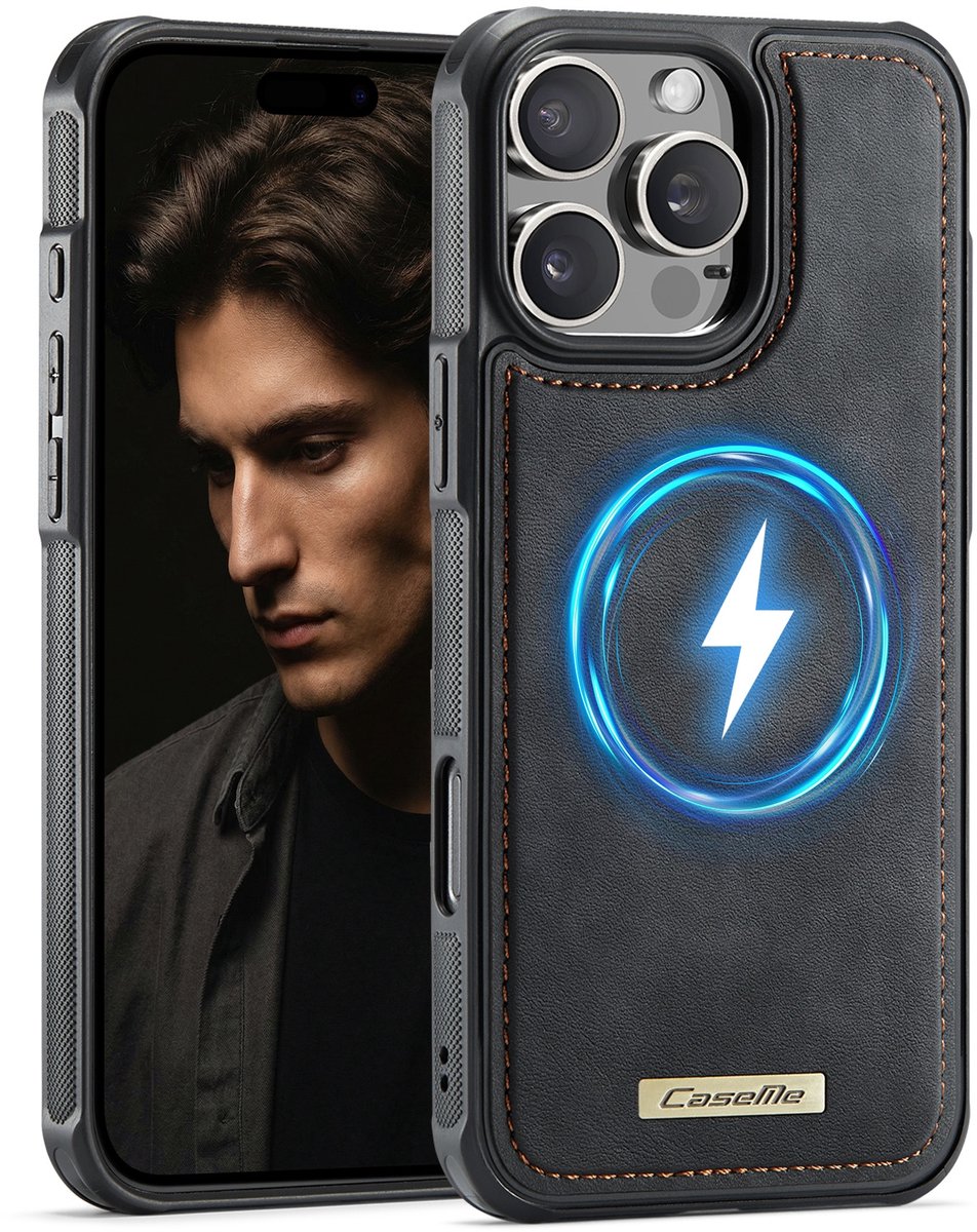 CaseMe Hoesje - Geschikt voor iPhone 16 Pro Hoesje - CaseMe C69 Leather Back Cover - MagSafe Compatible - Zwart