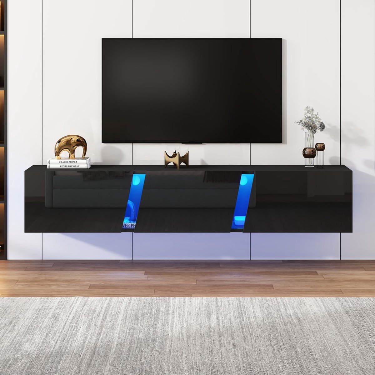 KOMHTOM Zwevend TV-Meubel - Wandmeubel Zwart Hoogglans - Lowboard met LED Verlichting - 3 Deuren - 180x35x30 cm - Geschikt voor 75 Inch TV - Moderne Woonkamer Kast