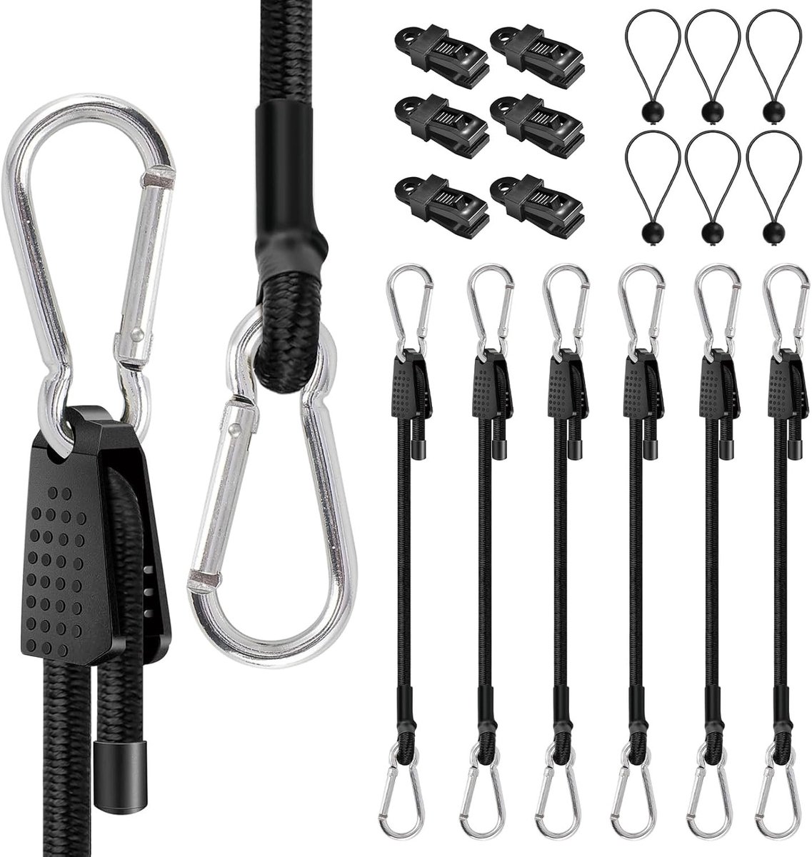 Set van 18 elastische touwen met haken, 100 cm verstelbaar, inclusief bevestigingsclip en 15 cm elastisch touw voor het veilig vastzetten van ladingen