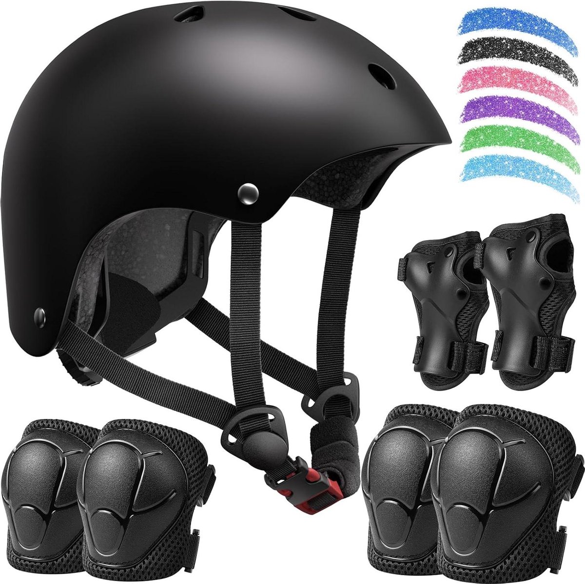 Kinderfietshelmset - Beschermingsset Kinderen - Buiten Sporten - 7-delige Set - 48-54 cm - Zwart