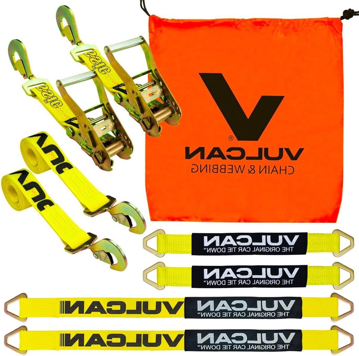 Axle Tie Down - Spanbanden Set - Voertuig Transport - Complete Kit - 4 Riemen 2 Ratches - Oranje