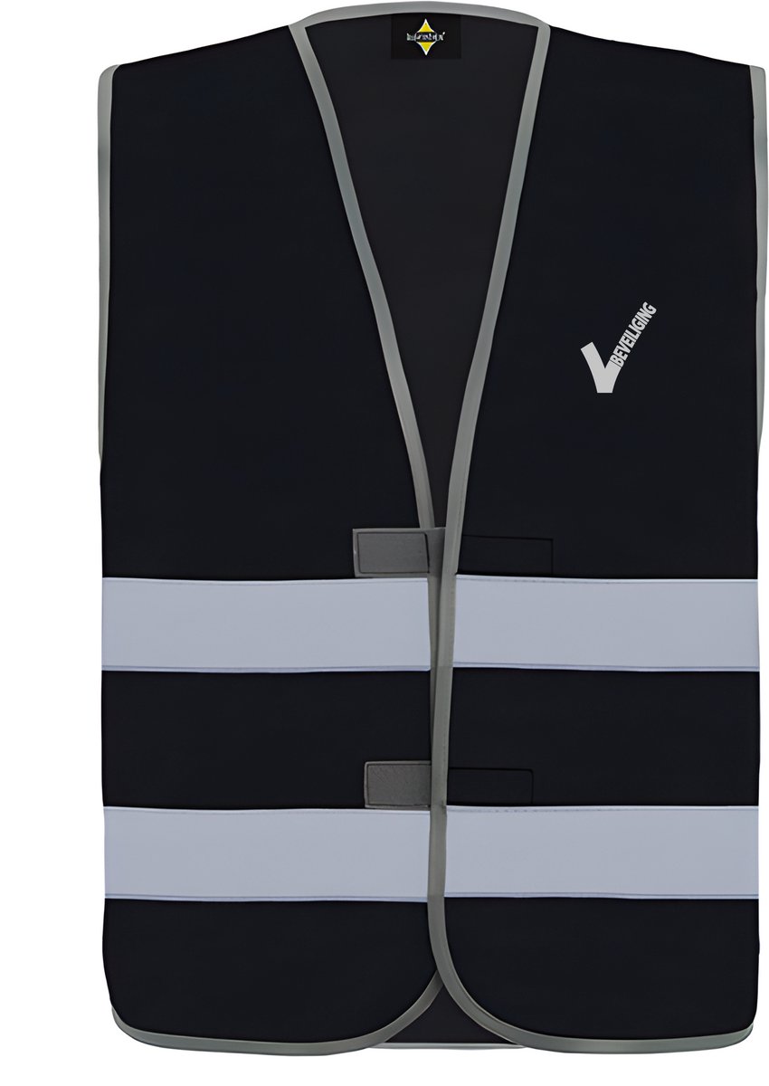 Zwart veiligheidshesje met reflecterende strepen EN met Beveiliging / Security met als borstlogo het bekende V-tje en als ruglogo SECURITY - voor PROFESSIONALS, merk ROLY Maat XL / 2XL