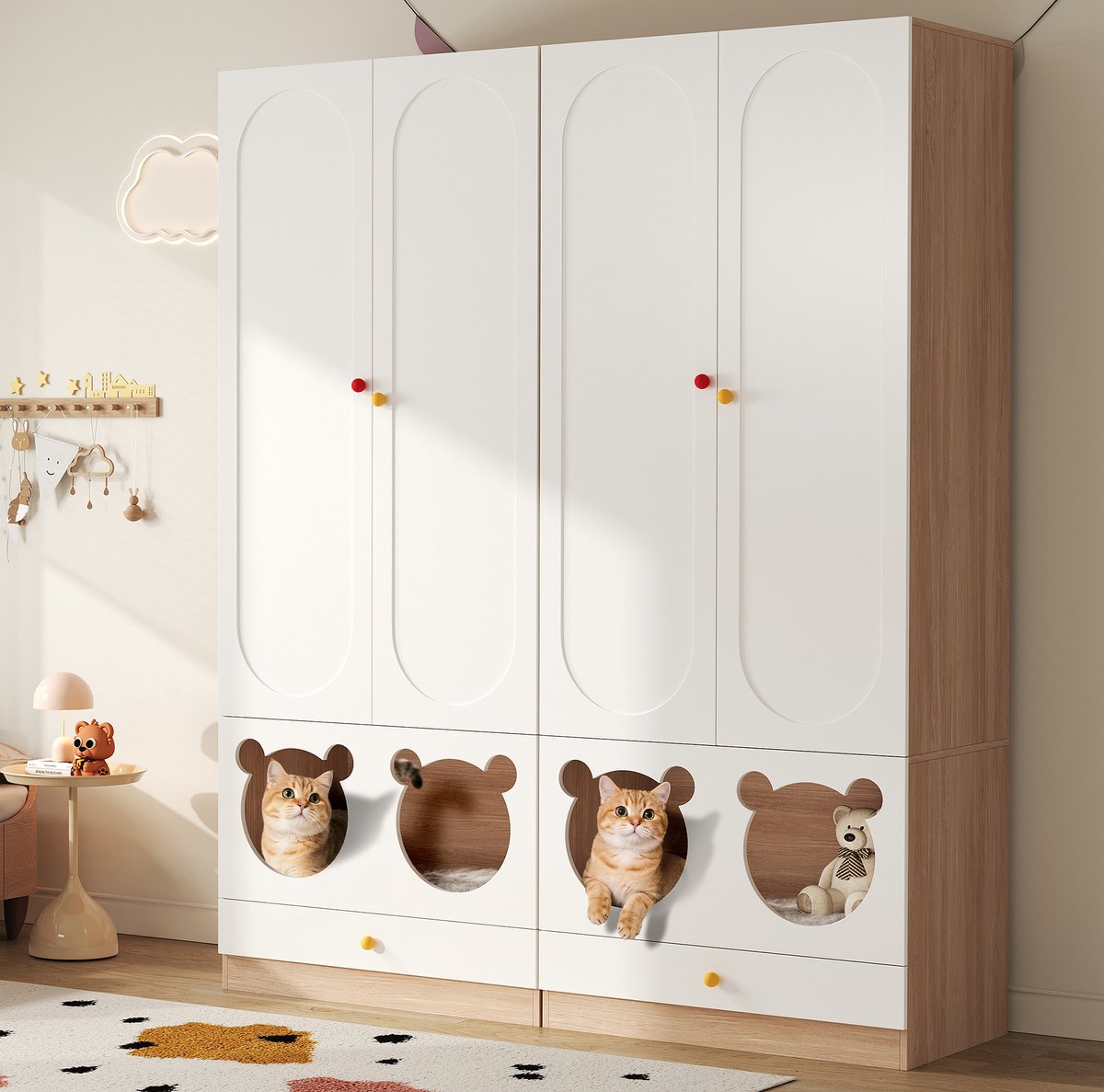 MIVRAY Kinderkledingkast - 2 Delige Kast Met Hangroede En Dierennis - Voor Kinderkamer En Kleine Ruimtes - Wit Houtkleur - 160x50x200 Cm