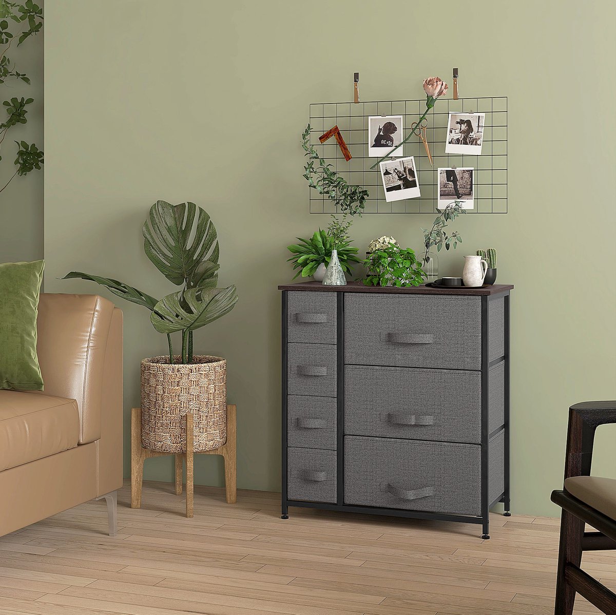 MEUNIQ ladekast met 7 opvouwbare stoffen lades, metalen frame en bovenblad, 63,5 x 30 x 71 cm, opbergkast voor slaapkamer, woonkamer of hal, grijs