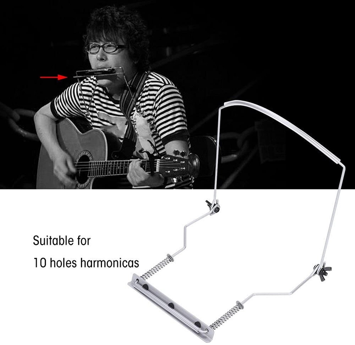 Dailygoods- Mondharmonica Houder - Verstelbare Metalen Halshouder - Antikras Pads - Voor 10-gaats Mondharmonica - Geschikt voor Volwassenen - Ideaal voor Muziekliefhebbers