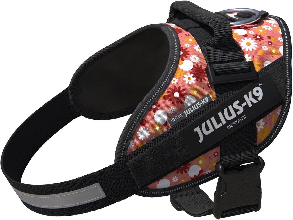 Thijox - IDC Powertuig Hondenharnas M/0 Roze Bloemen, Professioneel, Comfortabel, Ideaal voor Stadswandelingen, Geschikt voor Honden 14-25 kg