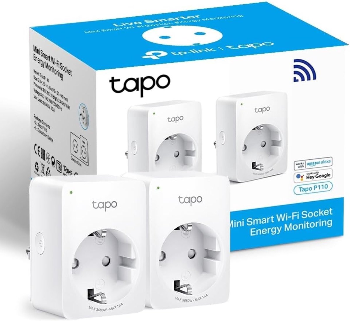 Slimme WiFi Stopcontact met Energieverbruiksregeling - Spraakbesturing, Werkt met Alexa en Google Home - 2 Packs