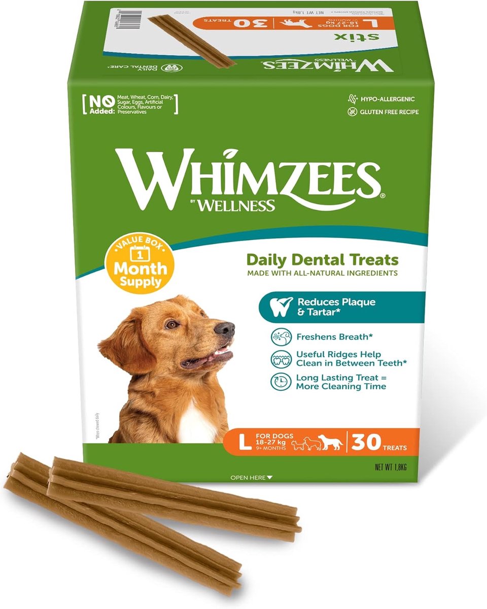 Thijox - WHIMZEES Stix L - Kauwsnack voor Grote Honden - Maandvoorraad 30 Stuks - Natuurlijk, Graanvrij, Vegetarisch, Zonder Toegevoegde Suiker