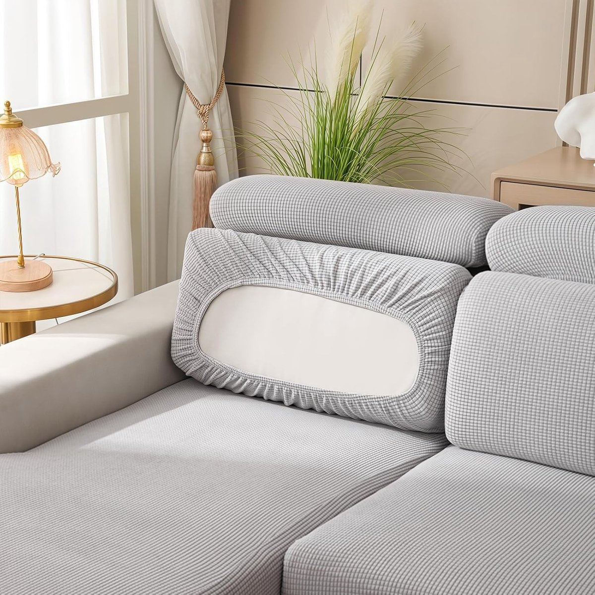 Verstelbare Stretch Sofa Kussenhoes, Antislip Bankkussenhoezen met 2 Straps, Bescherming voor Meubels en Caravanstoelen (Grijs, W 160-200cm, D 60-90cm)