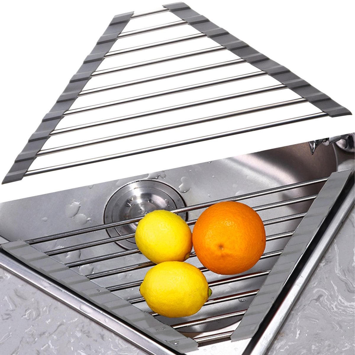 Dailygoods - Oprolbaar afdruiprek, servies, driehoekig afdruiprek, roestvrij staal, sponshouder, spoelbak, oprolbaar afdruiprooster, gootsteen, afdruipmat voor groente en fruitkopjes (grijs)