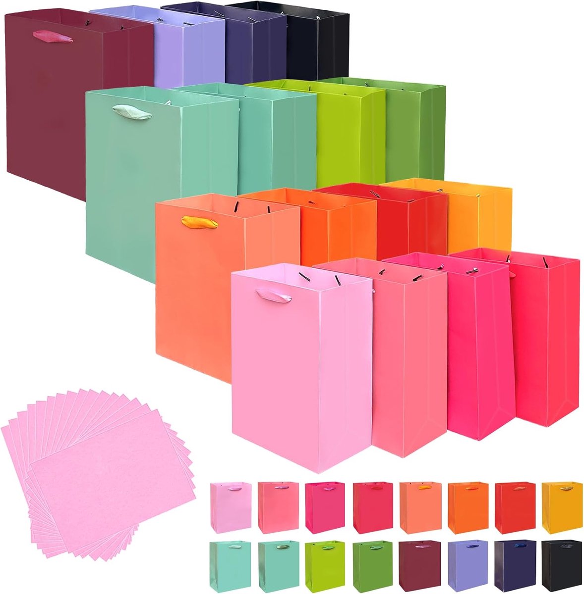 Thijox - 16 Kleuren Cadeauzakjes voor Feestartikelen 20 x 11 x 24 cm - 16 Stuks + 32 Stuks Tissuepapier - Karton - Perfect voor Verjaardagen, Feesten,