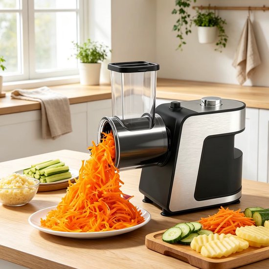JOYNEXTBUY - Elektrische Groentesnijder 500W - 5-in-1 Groentesnijder & Kaasrasp - Keukenmachine met 5 RVS Snijschijven voor Groenten, Kaas & Chocolade van joynextbuy — afbeelding 2