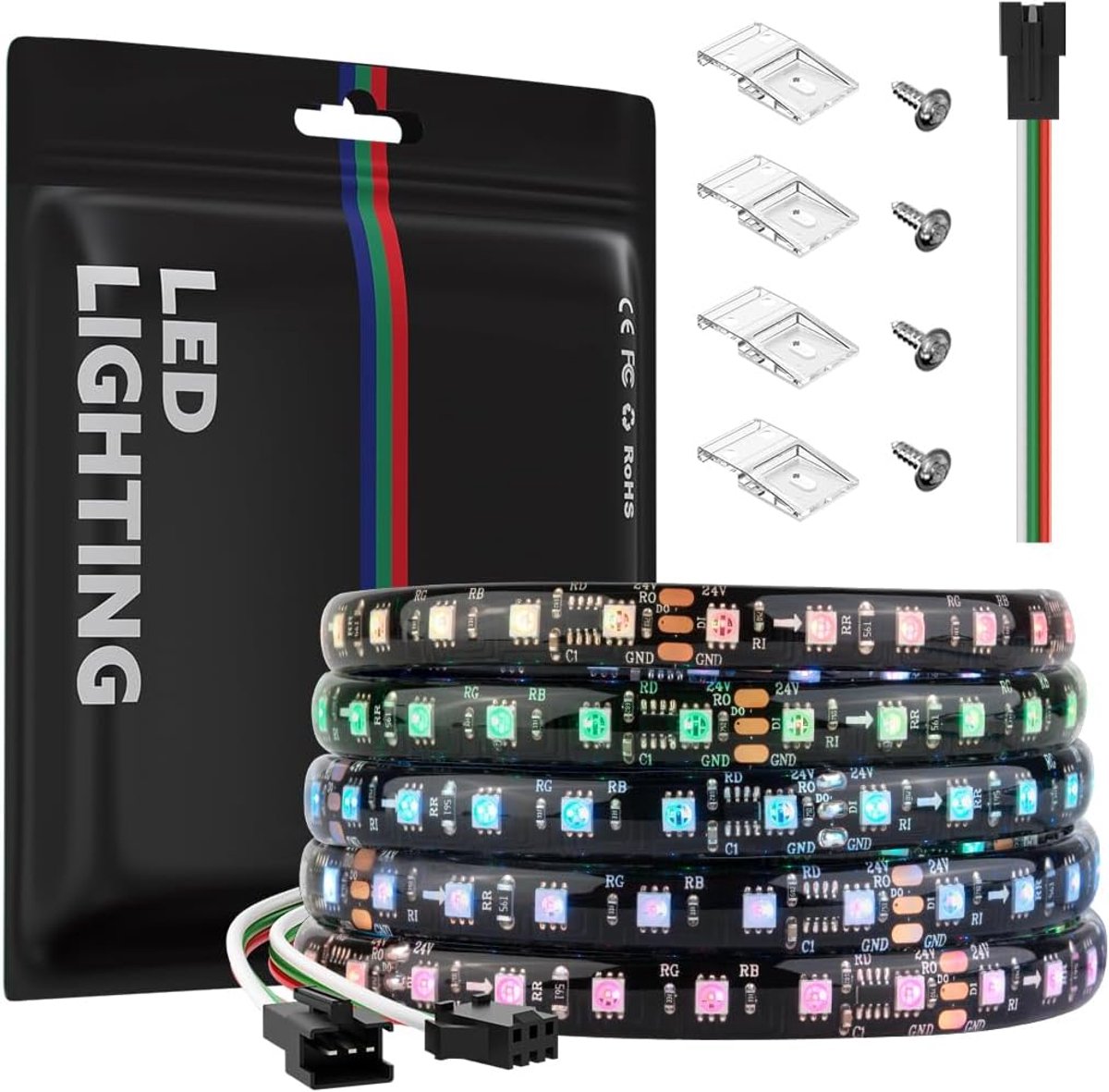 Thijox - WS2811 RGB IC LED Strip 5M 108 LEDs/m Hoge Dichtheid Dimbaar Dromenkleur Lichtstrip IP65 Waterdicht Zwart voor Interieurdecoratie Feesten Tui