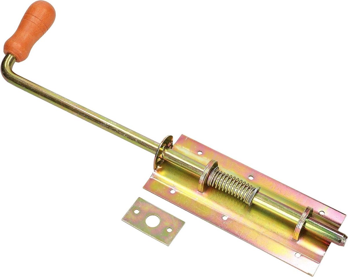 Veergrendel - Poort sluiting - Beveiliging eigendom - Houten handvat - 380/13 mm - Geel verzinkt