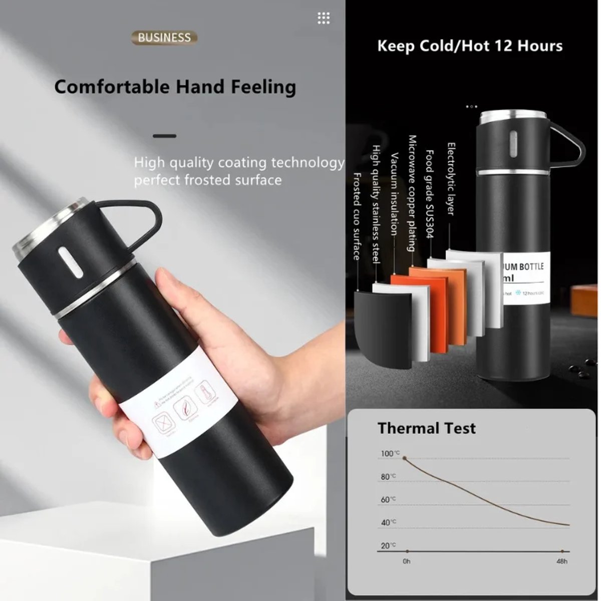 Thermosfles 500 ml met 3 Bekers – RVS Vacuümfles 12 Uur Warm en Koud – Lekvrije Isoleerfles voor Koffie en Thee – Reizen, Werk en Kamperen – Zwart – foto 2