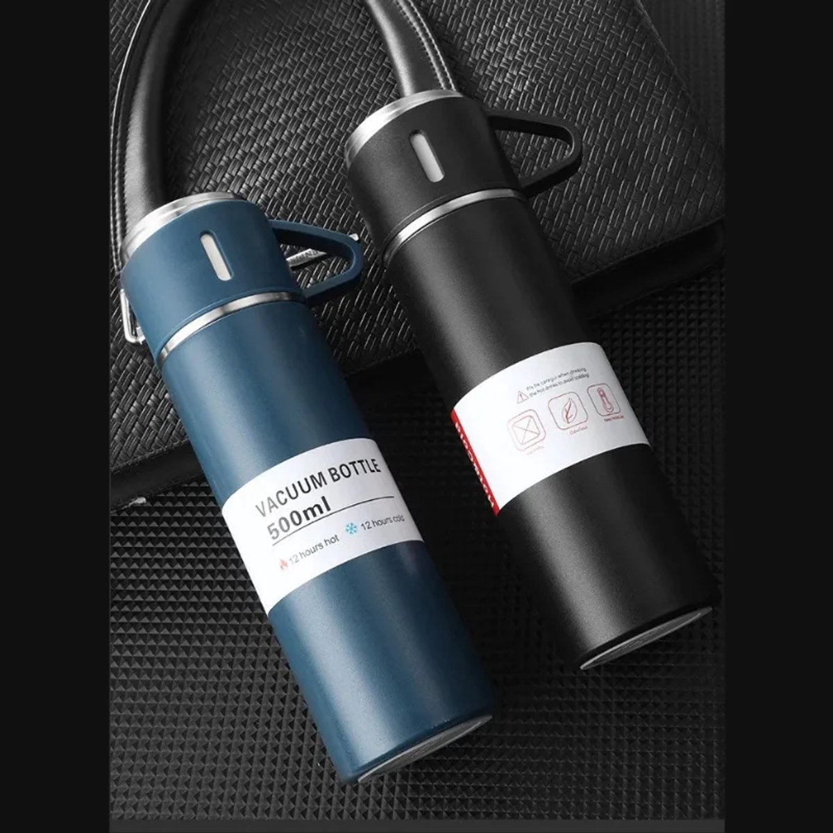Thermosfles 500 ml met 3 Bekers – RVS Vacuümfles 12 Uur Warm en Koud – Lekvrije Isoleerfles voor Koffie en Thee – Reizen, Werk en Kamperen – Zwart – foto 6