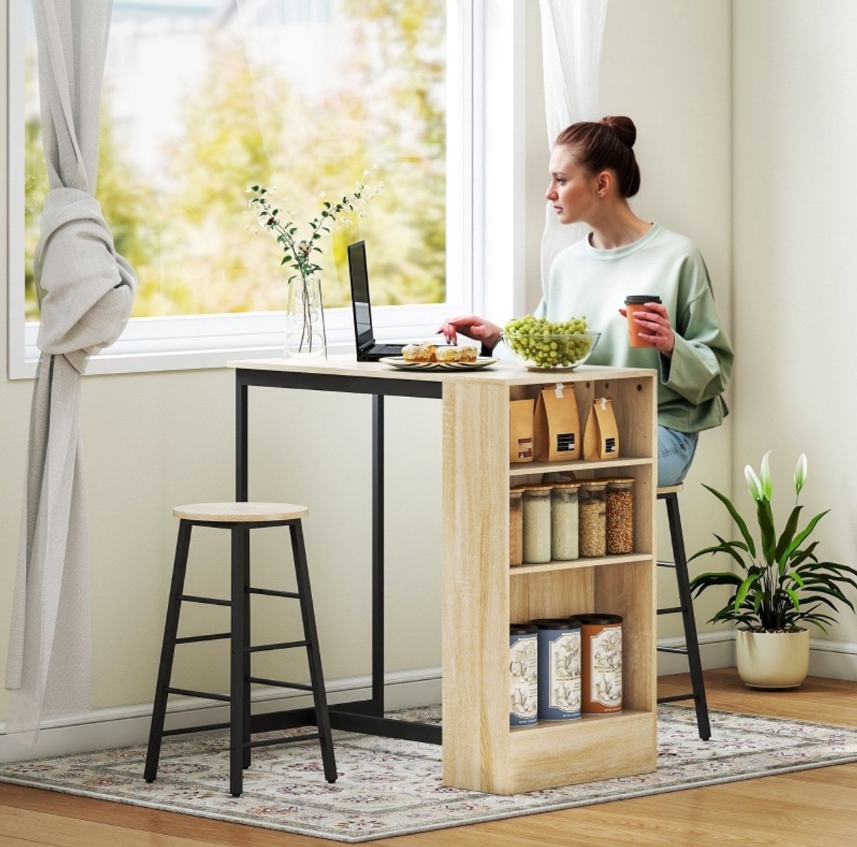 STILVORA Bartafel Set Met 2 Barkrukken En Opbergruimte Voor Keuken En Eetkamer Zwarte Metaal En Houtlook 91 X 49 X 91 Cm