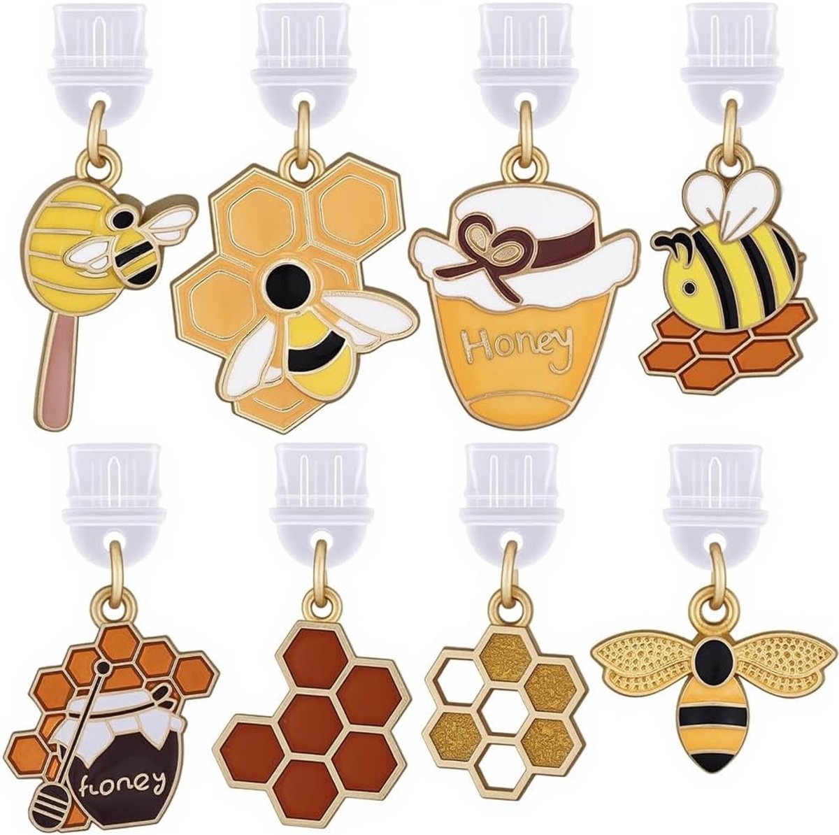 1 Box 8 Stijlen Fabric Plug Charm Bijen Schattige Telefoon Charm Type C Emaille Honingraat Thema Esthetische Mode Oplaadpoort Covers Hangers voor E-Reader Mobiele Telefoons en Laptops Decor