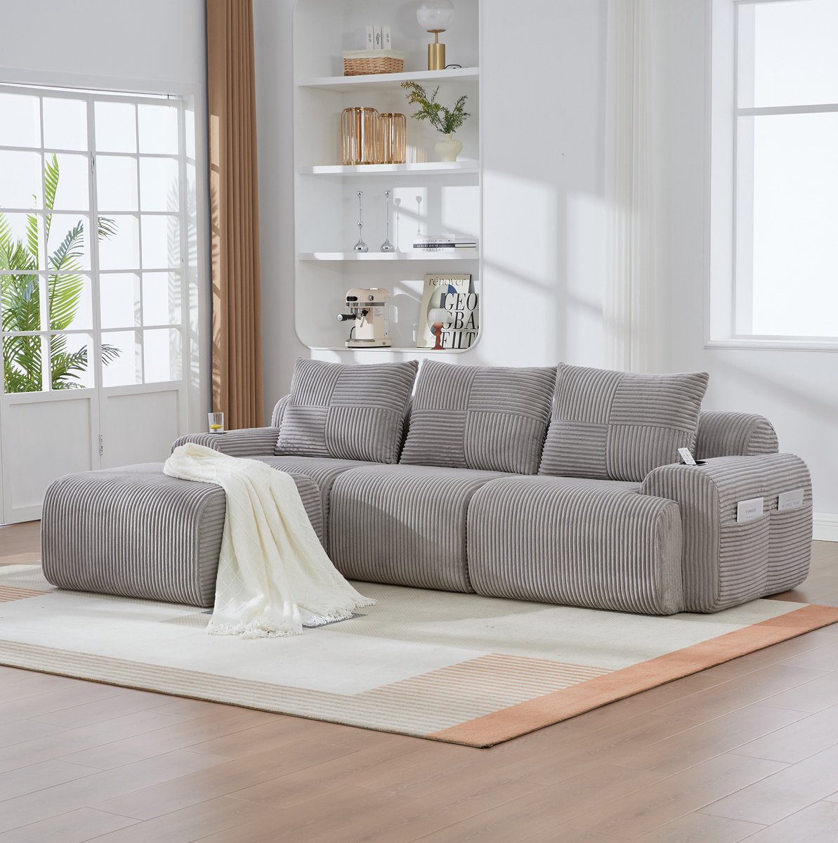 FloraGrace Hoekbank 268 x 174 x 80 cm - Modulair 3-Zits Sofa Met Hocker, Bekerhouder En Opbergzak - Voor Woonkamer - Corduroy - Lichtgrijs