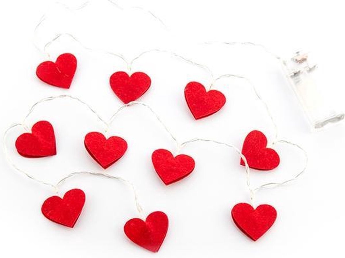Lichtslinger - Hartjesslinger - Hart lichtjes - Lampjes hartjes - Fairy lights hearts - Lichtjesketting - Valentijnsdag decoratie - 120cm - 10 lampjes - Op batterijen - Rood - Jonyx
