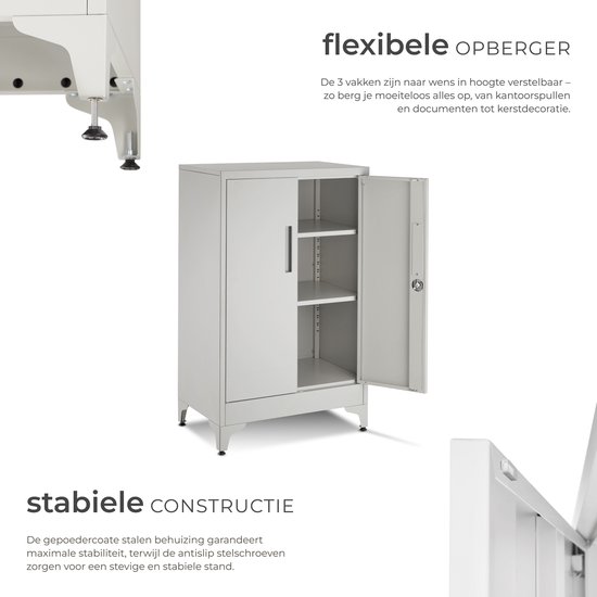 Grijze archiefkast met geopende deur, interieur met 2 legplanken. Gepoedercoate stalen behuizing met antislip voetjes.