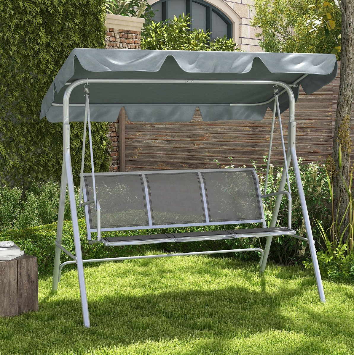 MEUNIQ 3-zits schommelbank voor tuin en terras met verstelbaar afneembaar dak, metalen frame, ademende zitting, 170 x 110 x 153 cm, grijs
