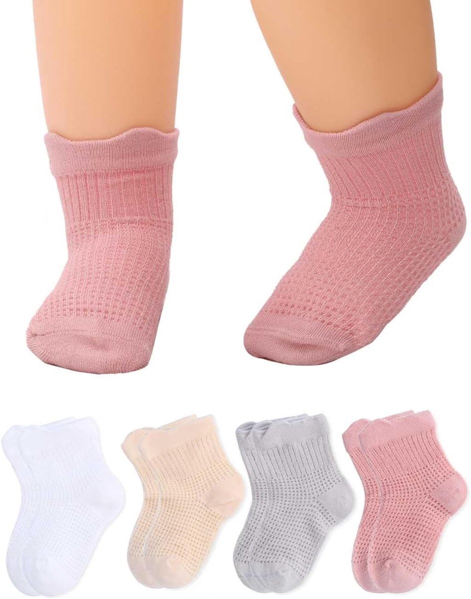 4 Paar Dunne Katoenen Sokken voor Peuters - Zomer Baby Meisjes Crew Sokken in Wit voor 6-12 Maanden, Ademend en Comfortabel