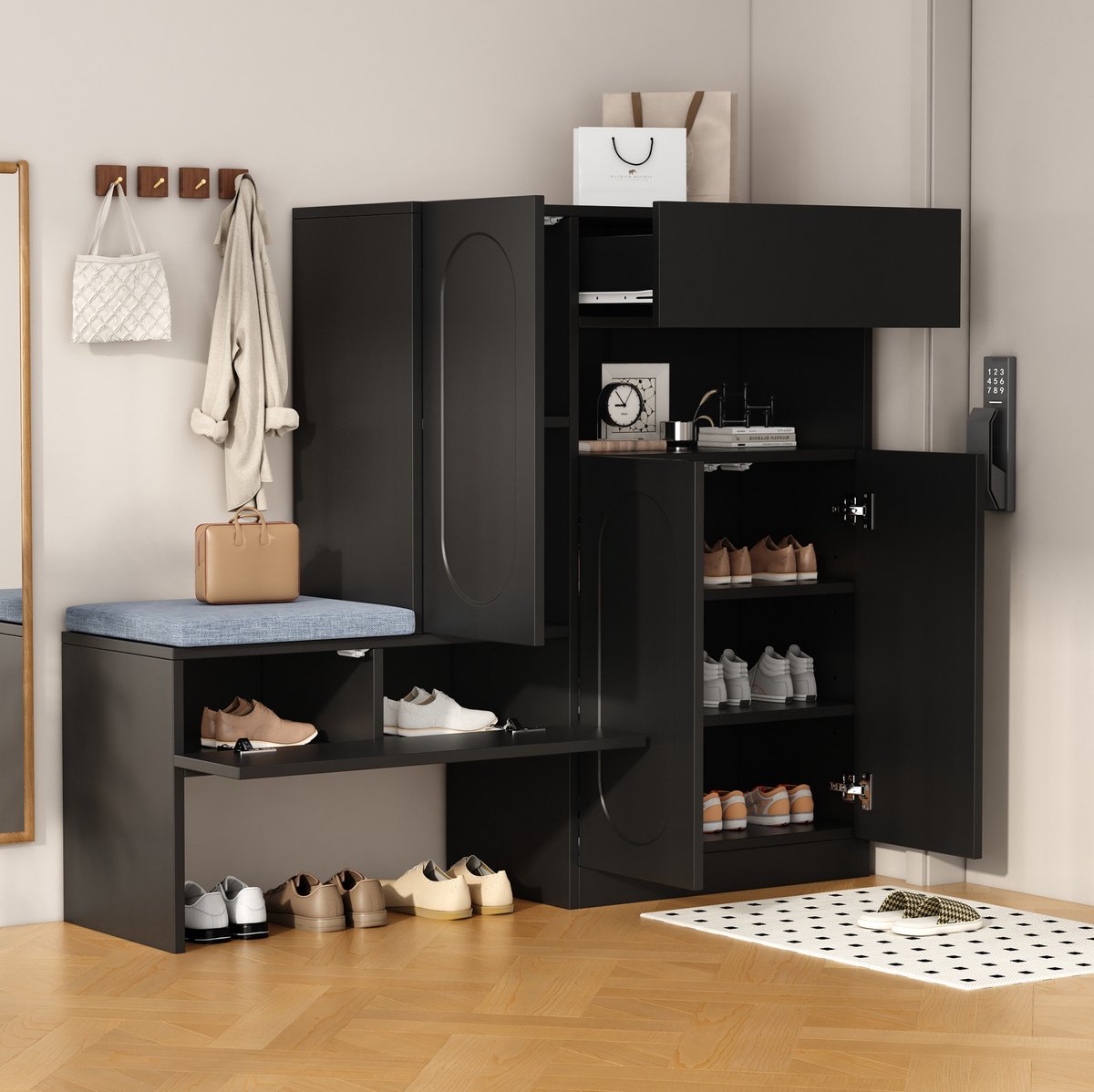 DESMIU Schoenenkast - 2-in-1 Met Zitbank En Soft-Close - Verstelbare Vakken Voor Hal En Woonruimte - Spaanplaat - 130x35x110 Cm - Zwart
