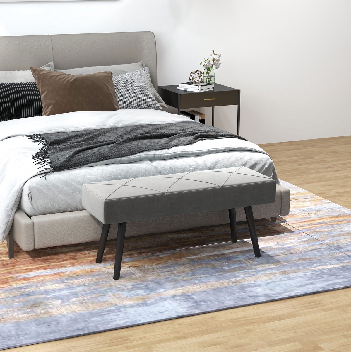 MEUNIQ bedbank 100 x 36 x 45 cm met zachte bekleding in fluweellook, X-patroon en stalen poten, bankje voor slaapkamer, hal of woonkamer, grijs
