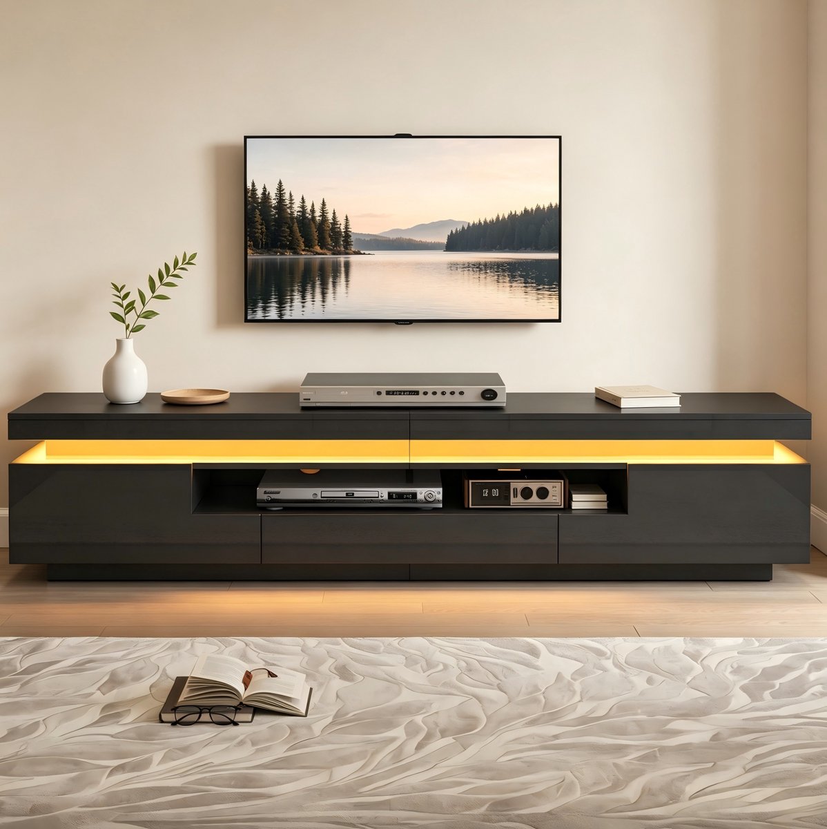 HAUSS SPOLE Halmeubel - Tv Meubel Met Led En Lade - Voor Woonkamer En Televisies Tot 75 Inch - Spaanplaat - 175x38x45 Cm - Zwart