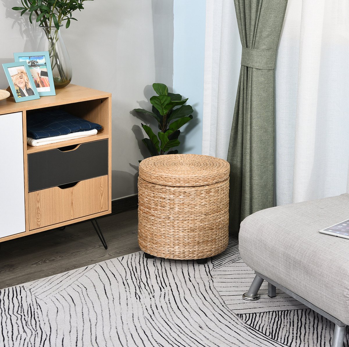 MEUNIQ rond voetenbankje met opbergruimte 43 cm, afneembaar deksel, rattan, extra zitplek en bijzettafel voor woonkamer of slaapkamer, khaki
