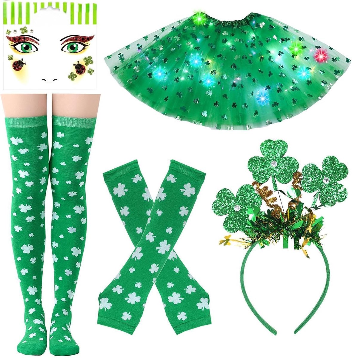 St. Patrick's Day Kostuum voor Kinderen en Volwassenen met LED Hoofdband, Tutu Rok en Accessoires voor Carnaval en Feestelijkheden