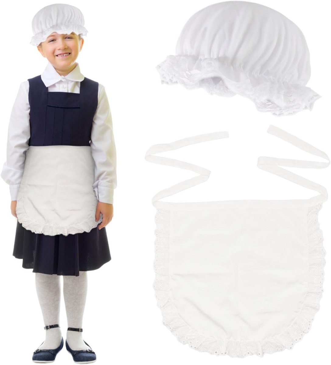 2 Stuks Meisjes Kostuumaccessoires voor Kinderen, Witte Meisjes Pet en Retro Halflange Schort, Perfect voor Wereldboekendag, Halloween en Feestjes