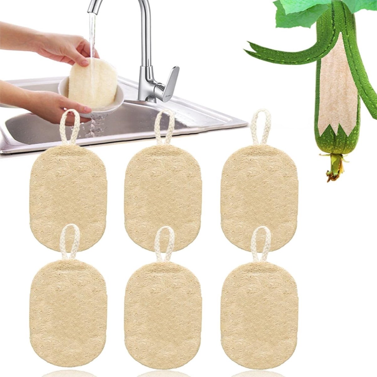Composteerbare Loofah Sponsen, 6 Stuks Duurzame Sponsen voor Keuken en Badkamer, Milieuvriendelijk en Biologisch Afbreekbaar