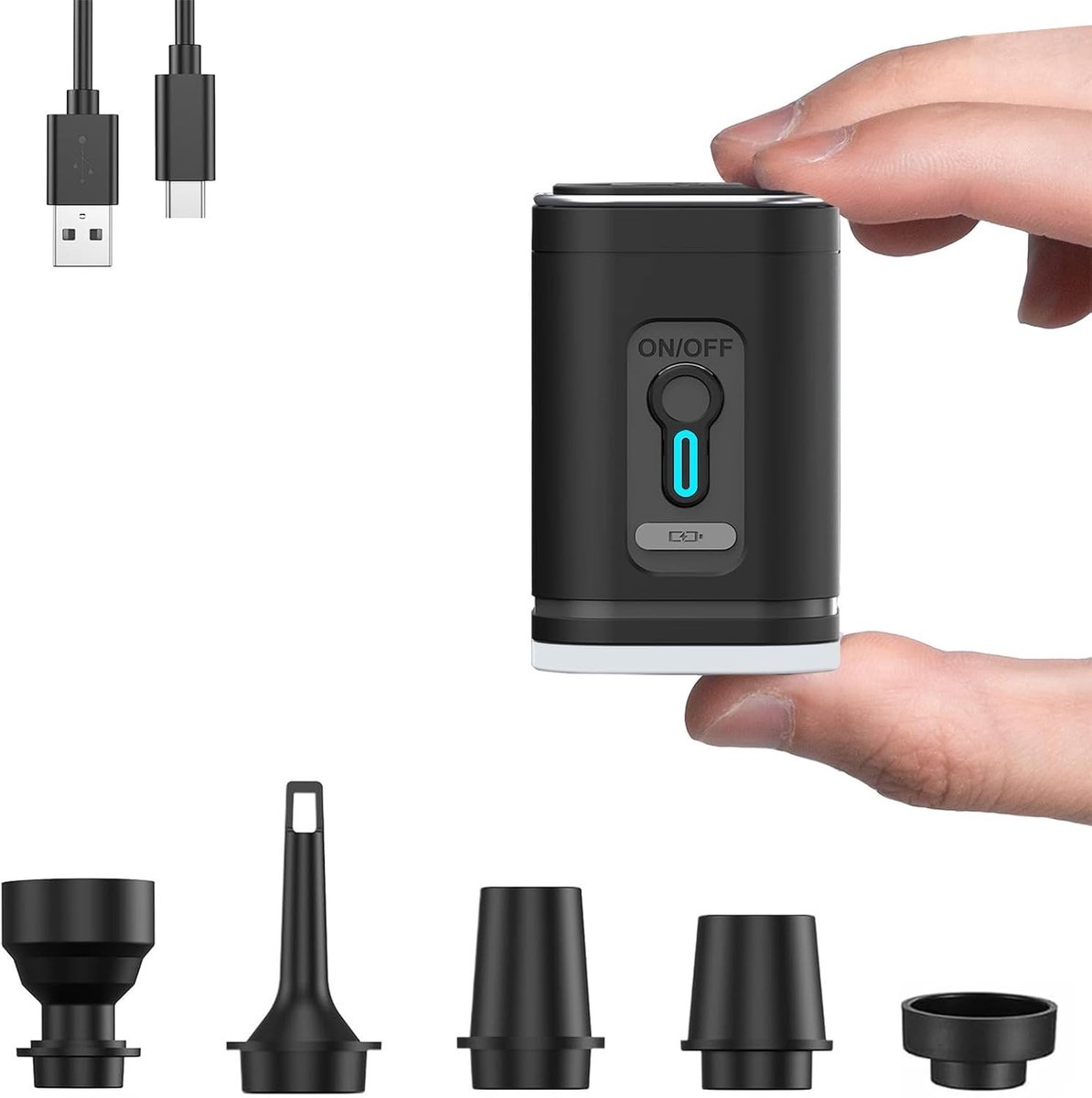 Draagbare elektrische luchtpomp - Zwart - Mini-luchtpomp met 5 sproeiers - Oplaadbare accu voor diverse opblaasbare producten