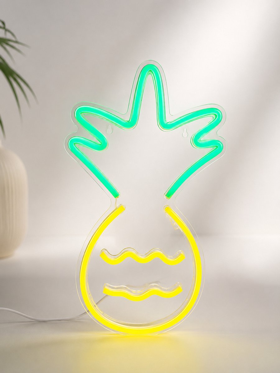 ZoeZo Ananas Neonlamp - LED Wandlamp met USB - Neon sign voor Slaapkamer, Woonkamer en Bar - 44 x 26 cm - Groen/Geel
