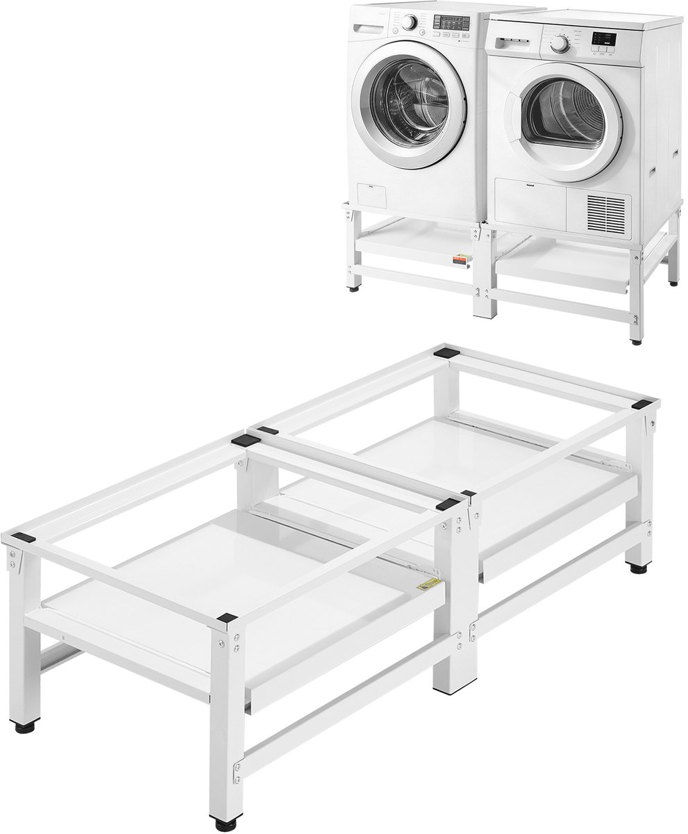 Wasmachineverhoger 355 mm Hoog, Onderstel met Uitschuifbaar Schap, Belastbaar tot 318 Kg, Antislipvoetjes, Geschikt voor Wasdroger, Sokkel, Universeel Compatibel, Wit, 2-Pack