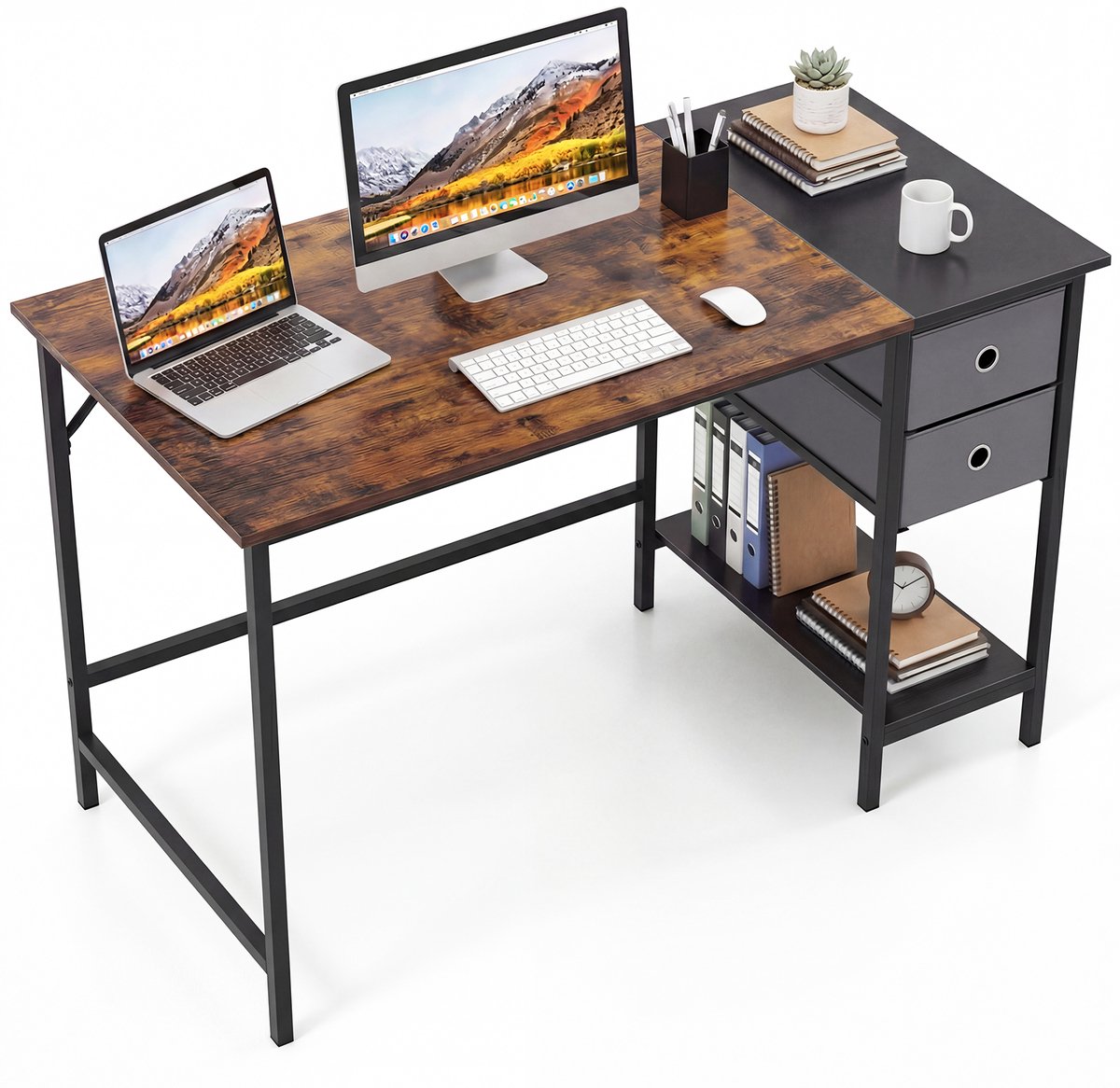 COSTWAY Bureau met 2 laden, 120 cm lange computertafel met hoofdtelefoonhaak en opbergvak, bureautafel, grote pc-tafel, werktafel voor kantoor, thuis (zwart, 120 cm breed)