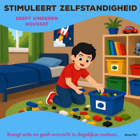 Jongen in rode shirt speelt met LEGO-blokken in een kinderkamer met een bed en speelgoedrek.