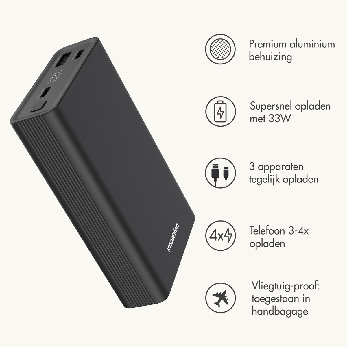 imoshion® Powerbank 20000 mAh - 30W Ultra Snellader - 4x Smartphone Opladen - USB C / USB A - Powerbanks - Universeel - Quick Charge 3.0 en Power Delivery — cadeau in Telefoon & Tablet - foto 2