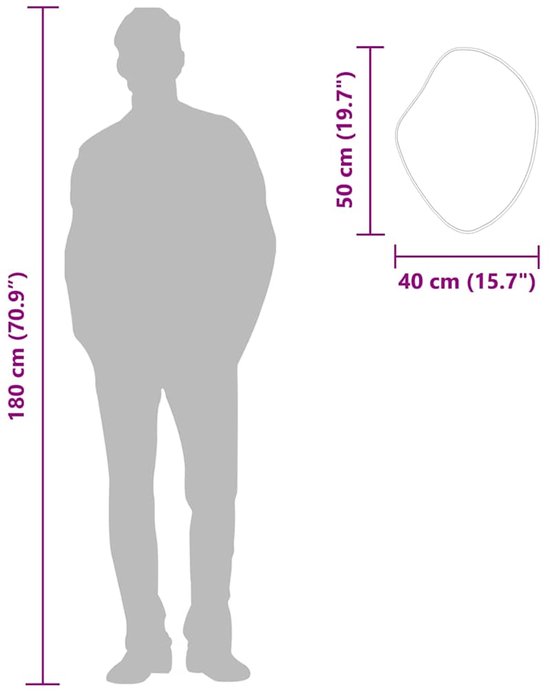 Afmetingen spiegel: 50 cm (19.7") hoog en 40 cm (15.7") breed, afgezet tegen een figuur van 180 cm (70.9") hoog.