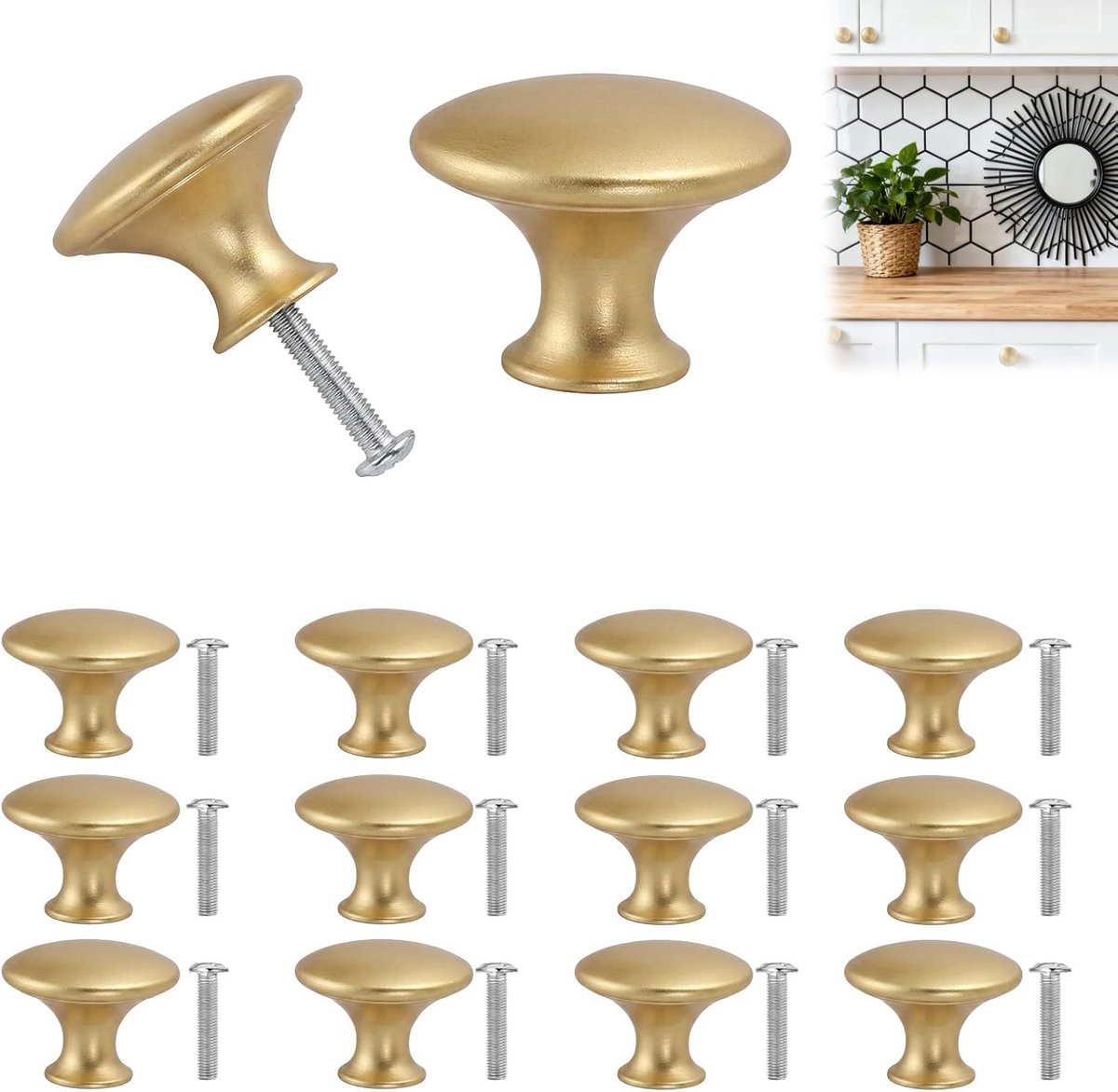 KZQ Set van 12 meubelknoppen – 30 mm roestvrijstalen knoppen – Inclusief schroeven – Geschikt voor lades, kasten, meubels, keukenblokken en garderobekasten – Satijngoud