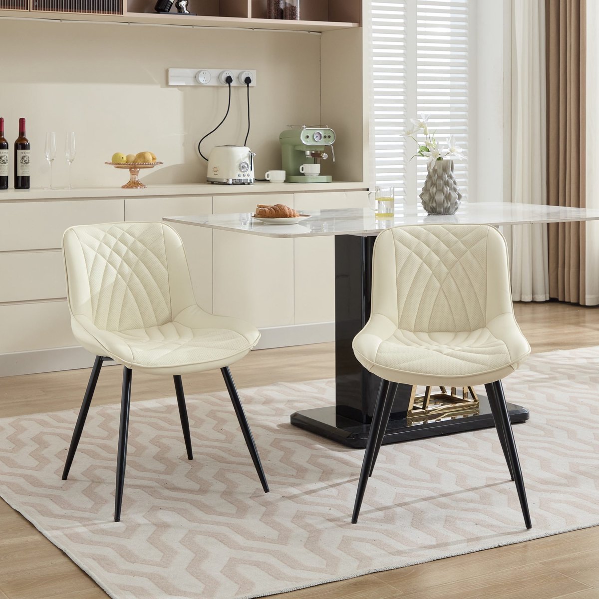 Sweiko Eetkamerstoel - Set van 2 - Kunstleer - 3D-doorstikpatroon - Metalen poten - Crème wit