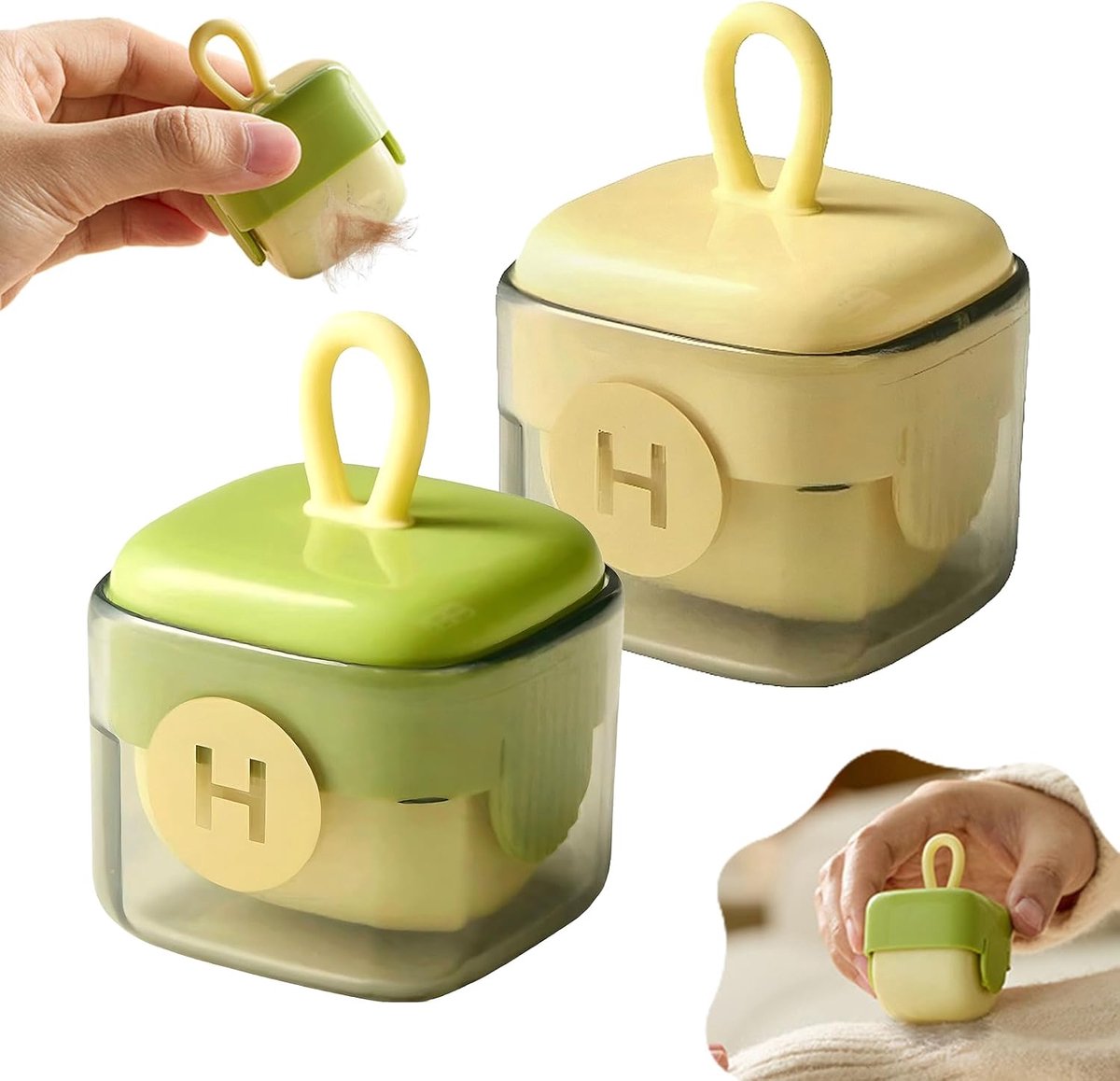 2 Stuks Kledingroller - Pluizengelroller - Mini Pluizenrollers - Wasbare Pluizenverwijderaar - Afwasbaar - Met Stofkap - Draagbaar Ontwerp - Voor Kleding, Huisdieren, Haar, Stof en Pluisjes - Groen + Beige