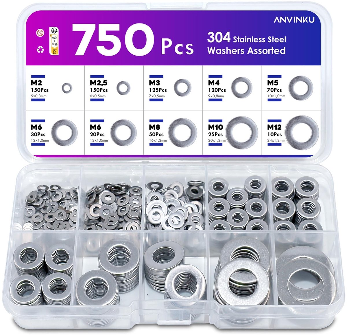Solidchoice - Sluitringenset 750 Stuks Roestvrij Staal Assortiment 9 Maten