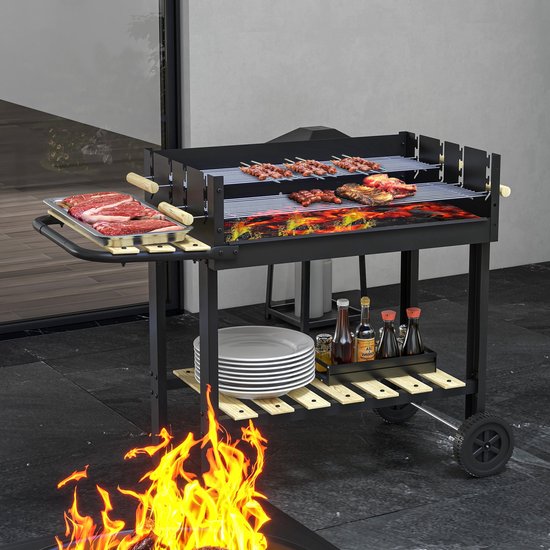 Bratislava houtskoolbarbecue, staal met grenenhouten afwerking, 143 x 68 x 90 cm, met 2 wielen, zijplank, in hoogte verstelbare roosters, zwart — afbeelding 4