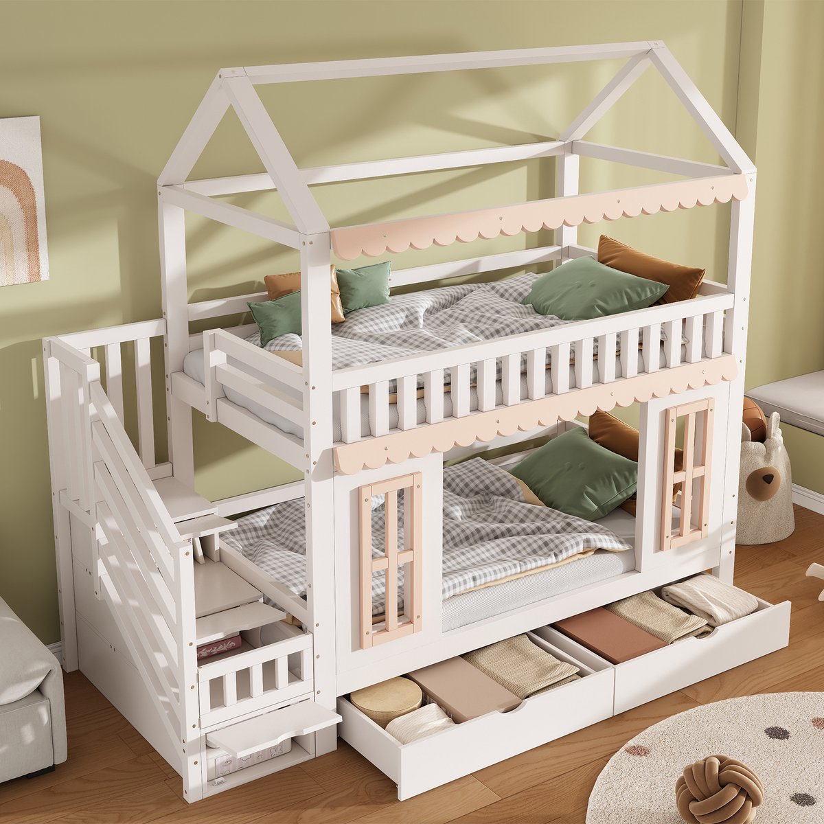 Kinderbed 90x200 cm - huisvormig - met opbergladder - 2 lades - sierlijke houten ramen en sierlijsten - wit en houtkleur - zonder matras