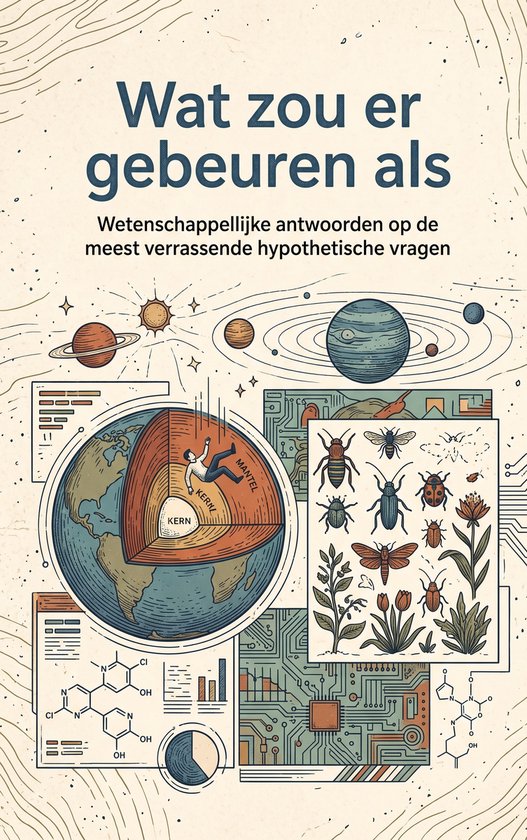Illustratie met de titel 'Wat zou er gebeuren als'. Toont een doorsnede van de aarde, planeten, insecten en wetenschappelijke diagrammen.