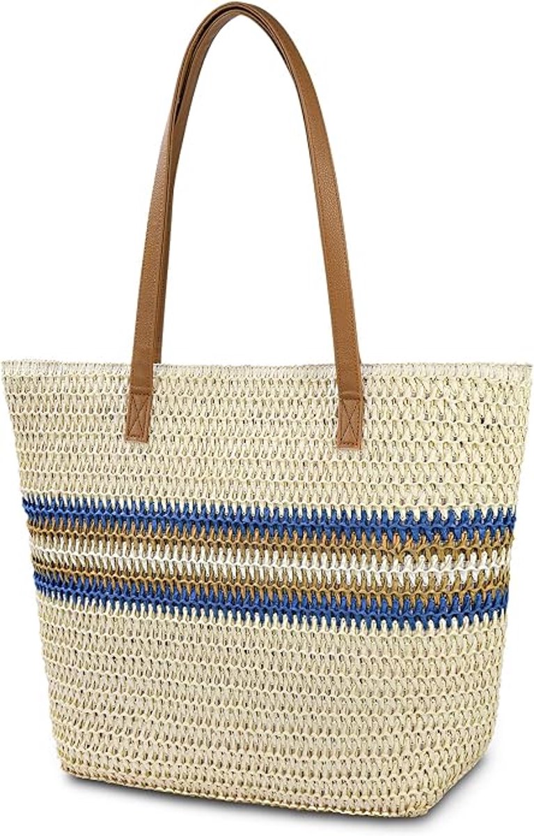 Dameshandtas van gevlochten gras, strandtas, grote handtas met ritssluiting, zomerse schoudertas in bohemienstijl, geschikt voor buitenactiviteiten, reizen en het strand