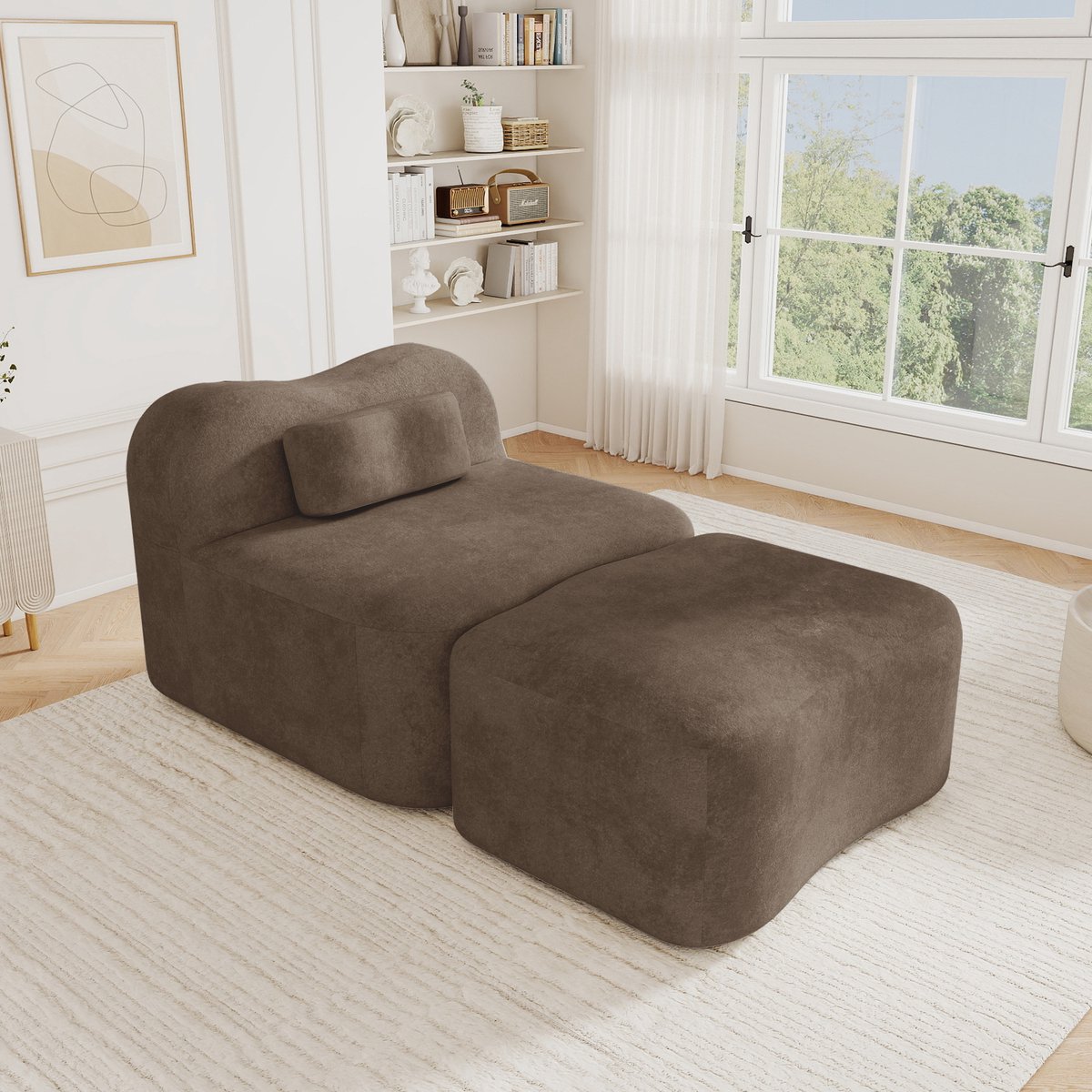 Modulaire Fauteuil - Velvet Lounge Stoel Met Hocker - Frameloze Cloud Sofa Met 32D Schuimvulling En Verplaatsbare Rugleuning - Zachte Relaxbank Voor Woonkamer, Slaapkamer En Appartement - Bruin